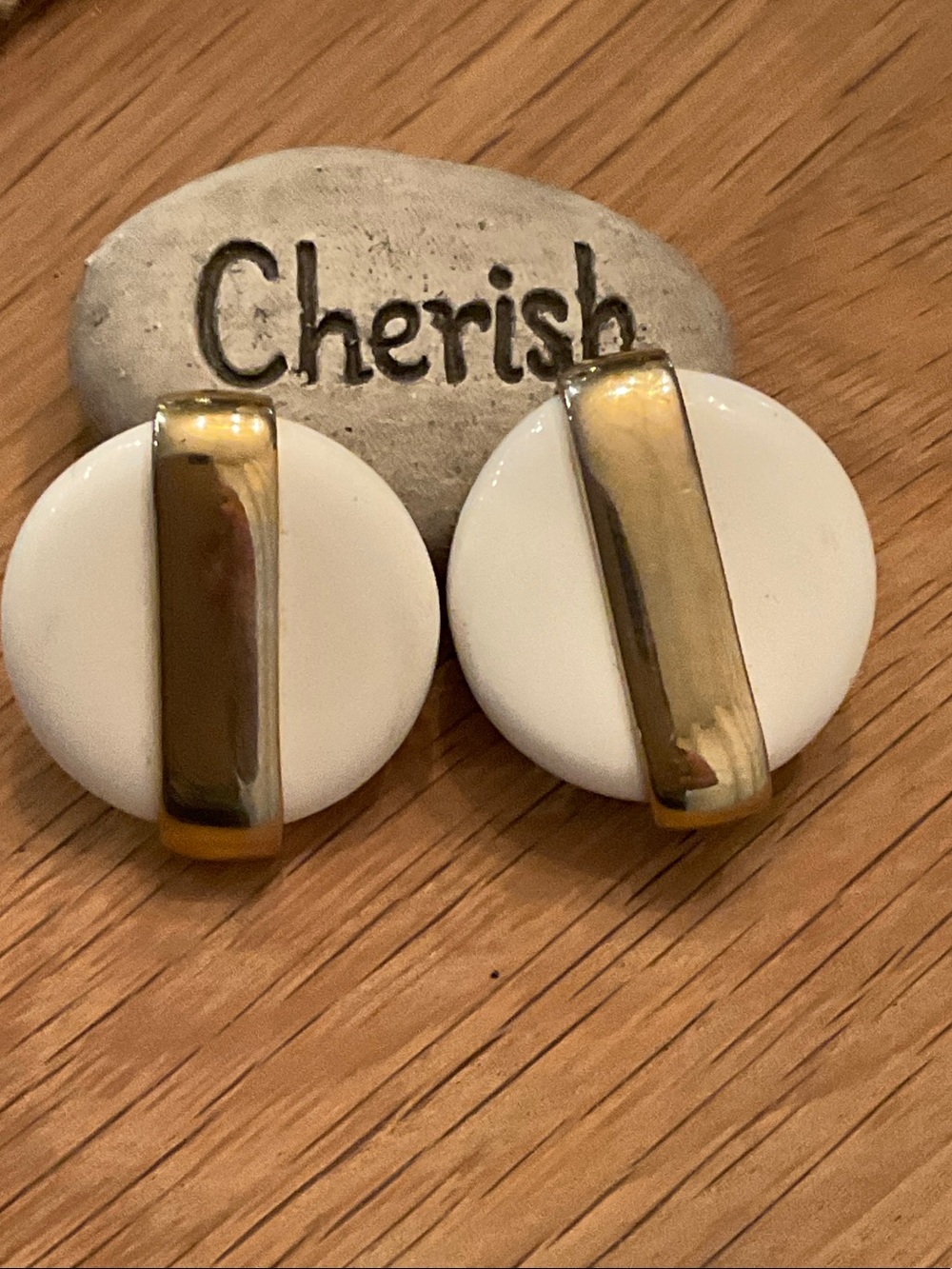Vintage Fashion Clip On Earrings White Enamel With Gold Tone Stripe.
